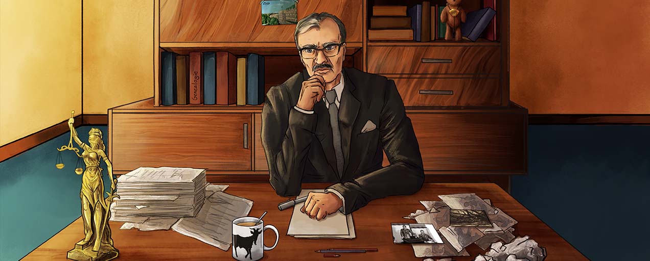 Screenshot aus dem Spiel Zippedäus. Der 61-jährige Dietrich Wilde sitzt an seinem Schreibtisch, vor ihm ein leeres Blatt Papier. 